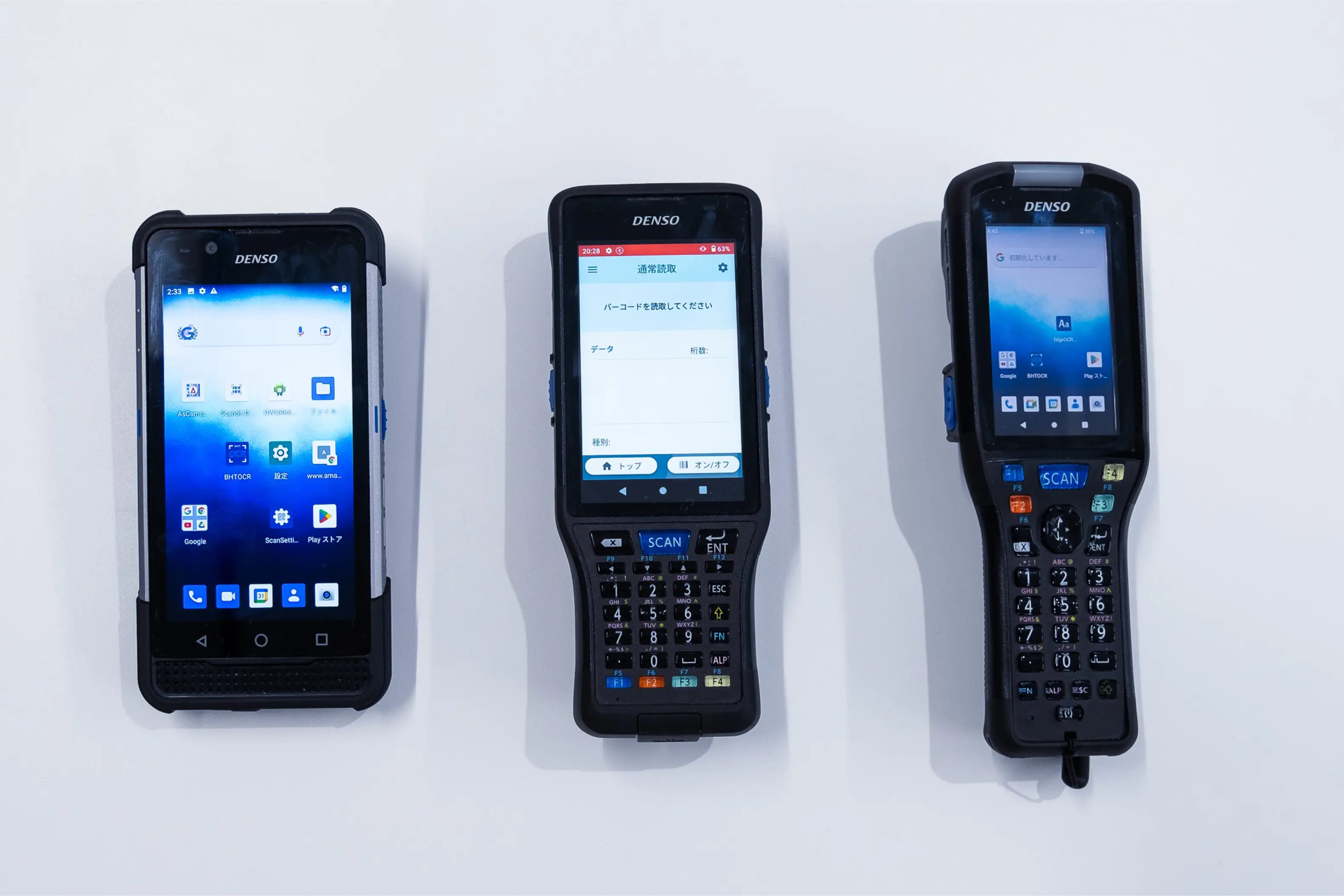 デンソーウェーブ製ハンディターミナル(左からBHT-M80・BHT-M70・BHT-M60)